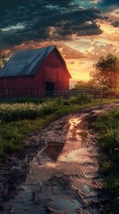 Wall Mural - Sunset over a red barn in the countryside