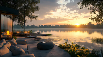 Poster - Serene lakeside terrace with sunset view and comfortable outdoor seating. Lakeshadow. Illustration