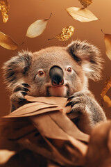 Adorable koala playing with leaves