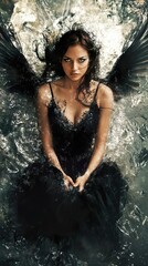 Wall Mural - Mysterious Woman with Black Wings: Dark Fantasy Portrait