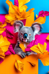 Canvas Print - Adorable koala peeking through vibrant tropical leaves.