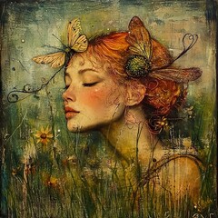 Poster - Serene Woman in a Dreamlike Meadow with Butterflies