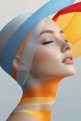 Wall Mural - Closeup profile of a woman with eyes closed wearing a colorful, abstract hat.