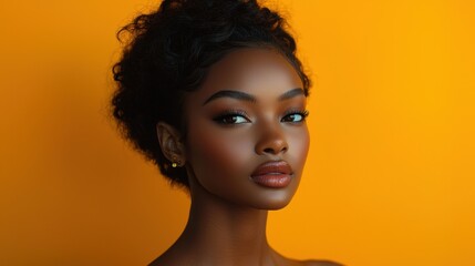 Wall Mural - Close-up portrait of a young Black woman with curly hair against a vibrant yellow background.