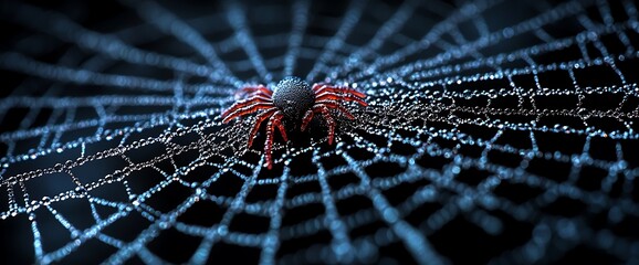 Spider on a dewy, intricate web at night.