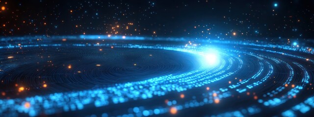 Futuristic Digital Landscape with Swirling Blue Light Trails and Binary Code