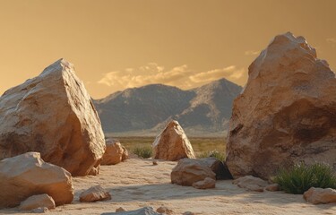 Fototapete - Stone Display Podium for Cosmetic Products on Brown Background with Sunlight Shadows in Minimalist 3D Render