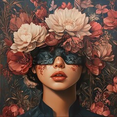 Wall Mural - Enigmatic Woman in a Floral Embrace: A Surreal Portrait