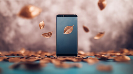 Canvas Print - Smartphone amidst falling autumn leaves.