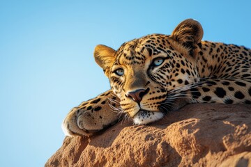 Wall Mural - Leopard resting on a rock, gazing intensely. Beautiful big cat in the wild.