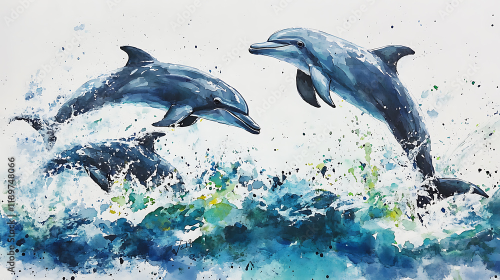 A watercolor scene of dolphins leaping out of the ocean with splashes ...