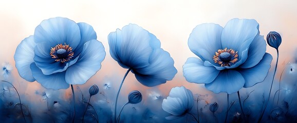 Wall Mural - Three large blue poppies in soft focus with smaller buds and flowers in the background.