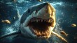 © Vadym - Powerful great white shark underwater close-up view. Predator jaws open showing sharpened teeth. Marine creature in motion. Ocean life. Digital artwork illustration. Intense focus on shark power,