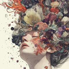 Sticker - Surreal Woman with Ocean Flora: A Dreamlike Artwork