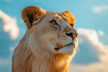 Wall Mural - Majestic lioness gazing at the sunset, a symbol of power and grace.