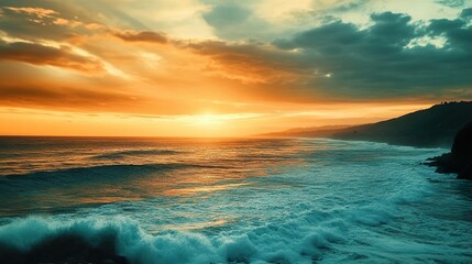 Wall Mural - Ocean Sunset Landscape: Vibrant Colors and Dramatic Waves