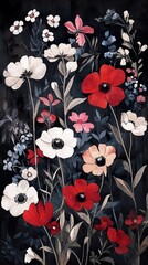 Wall Mural - Dark Floral Beauty: Red and White Anemone Flowers