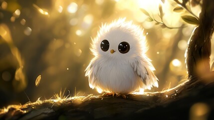 Adorable Fluffy Baby Owl in Golden Sunlight