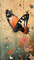 Wall Mural - Orange Butterfly on Floral Background: A Stunning Nature Painting