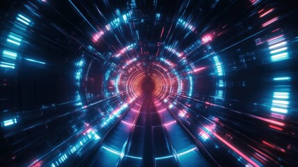 Poster - Futuristic Tunnel with Neon Lights High Speed Motion Blur Dynamic Perspective Sci-Fi Concept