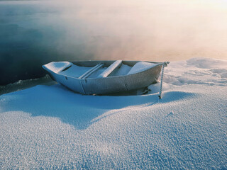 Wall Mural - boat on the lake in frost