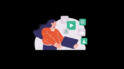 Wall Mural - A woman of European descent holding a laptop, engaged with digital icons representing technology and media.