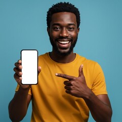 Mobile advertisement. Overjoyed black man pointing at cellphone with empty white screen on blue studio background, mockup for app or website. Cellphone display template
