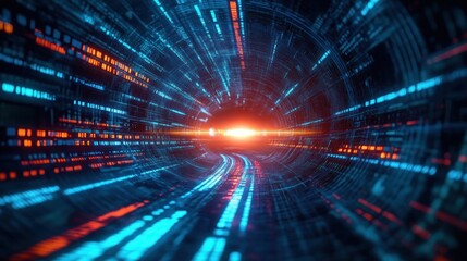 Poster - Futuristic Digital Landscape with Swirling Code and Central Light Burst in Cyberpunk Style