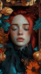 Wall Mural - Dreamy Portrait of a Redhead Woman with Freckles