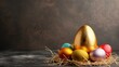 © buraratn - Golden egg surrounded by colorful Easter eggs in straw nest, symbolizing celebration and joy. Perfect for springtime themes and holiday decorations