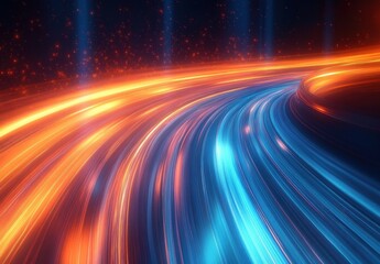 Wall Mural - Dynamic Abstract Light Trails with Blue and Orange Neon Hues in Digital Art