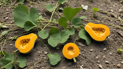 Wall Mural - Panning up a butternut squash vine, stars on a maturing fruit and ends on a baby squash. Along the way are two failing fruits that did not set and are withering away. Fruit shows Suberin healing crack