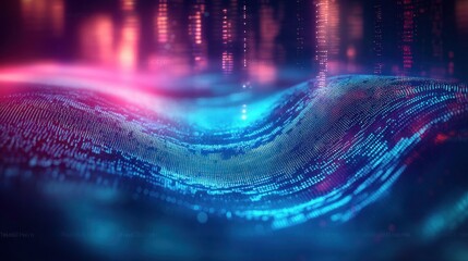 Futuristic Abstract Data Flow with Neon Coding and Digital Movement in Blue and Pink