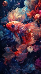 Wall Mural - Surreal Colorful Betta Fish Painting, Abstract Aquatic Fantasy Art