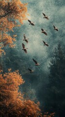 Canvas Print - Birds in Flight over Autumn Forest Landscape