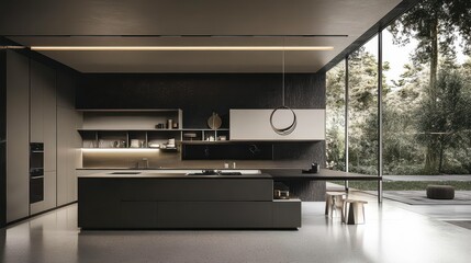 A modern home kitchen interior featuring a sleek cooking cabinet, a stylish TV with decorative elements, and a large window that enhances natural light and openness.