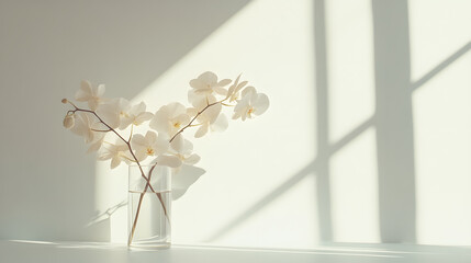 Canvas Print - White orchids in a clear glass vase, bathed in sunlight. Soft shadows from a window add a serene ambiance to the minimalist scene. Perfect for spa, wellness, or home decor.