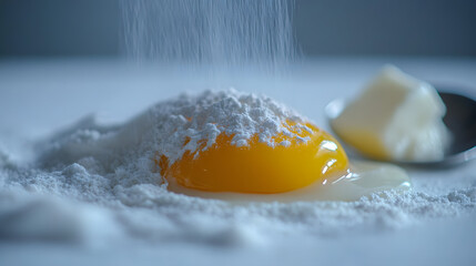 Canvas Print - A close-up shot of an egg yolk nestled in flour, with more flour being sprinkled on top. A spoonful of butter sits nearby. The scene evokes baking or cooking.