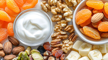 Canvas Print - A healthy snack assortment featuring yogurt, dried apricots, almonds, walnuts, pistachios, raisins, and banana slices.  Perfect for a nutritious and delicious meal.