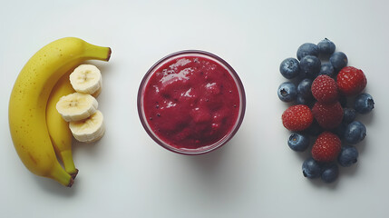 Canvas Print - A vibrant flatlay showcasing a delicious berry smoothie alongside its ingredients: ripe bananas and a mix of fresh blueberries and raspberries. Perfect for healthy eating content.