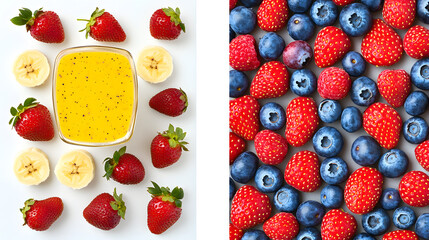 Sticker - A vibrant split image showcasing fresh strawberries, bananas, and blueberries.