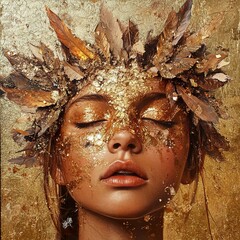 Wall Mural - Golden Goddess: Serene Portrait with Leaf Crown