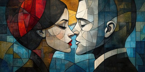 Wall Mural - Abstract Portrait of Two People in Close Proximity Depicted in a Vibrant Stained Glass Style Illustrating Intimacy and Emotion Through Art