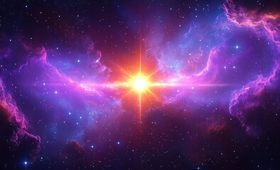 Wall Mural - Radiant Star Surrounded by Swirling Nebula in Deep Purples and Pinks