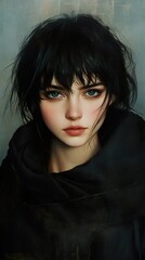 Wall Mural - Mysterious Woman Portrait: Dark Hair, Captivating Gaze