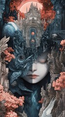 Wall Mural - Surreal Dreamlike Cityscape Portrait: A Woman's Face Merges with Architecture