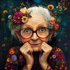 Poster - Elderly Woman with Flowers in her Hair: A Colorful Portrait