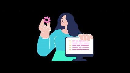 Wall Mural - A woman holding a gear symbol while standing next to a computer screen, in a flat design style.