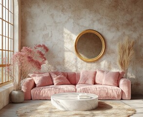 Wall Mural - Cozy modern living room with pink sofa and golden mirror pastel decor in stylish interior