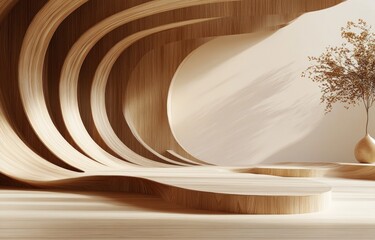 Poster - Minimalist 3D Background Podium Display for Beauty Cosmetic Promotion with Wooden Panel and Soft Natural Lighting